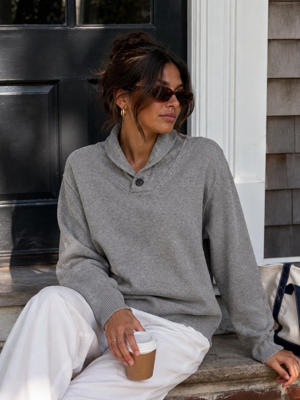 Weatherproof Vintage Gray Shawl Collar Sweater Preppy Neutral Minimalist Cotton